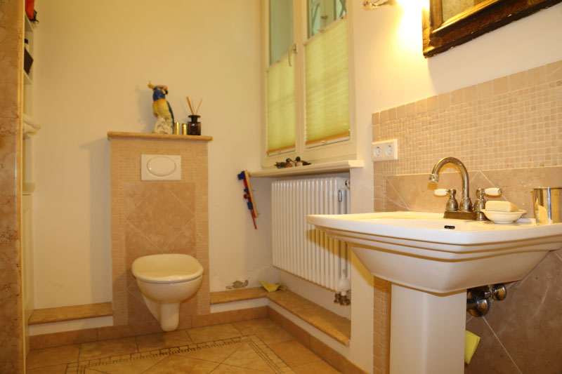 Bäder Altbau-Wohnung, Muenchen-Solln, Prinz-Ludwigs-Hoehe, Eigentumswohnung, Villenkolonie, Terrasse, Park, Denkmalschutz, Isarufer, Stuck, Gästezimmer, Bibliothek, Tiefgarage, Apartment